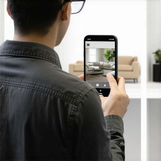 Customer visualizing furniture with AR app, IoT sensors capturing engagement data for local SEO