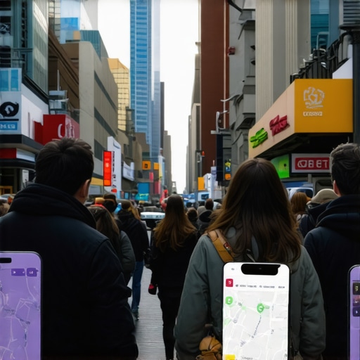 People using augmented reality glasses on city streets to view local business overlays