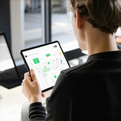 Business owner reviewing local SEO metrics on a tablet with maps and data charts