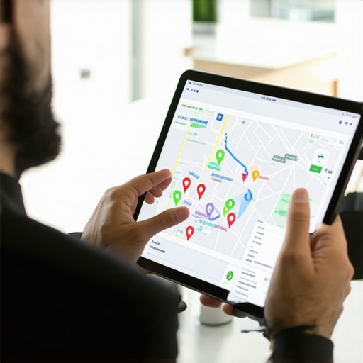 Business owner reviewing local SEO data on a tablet in office