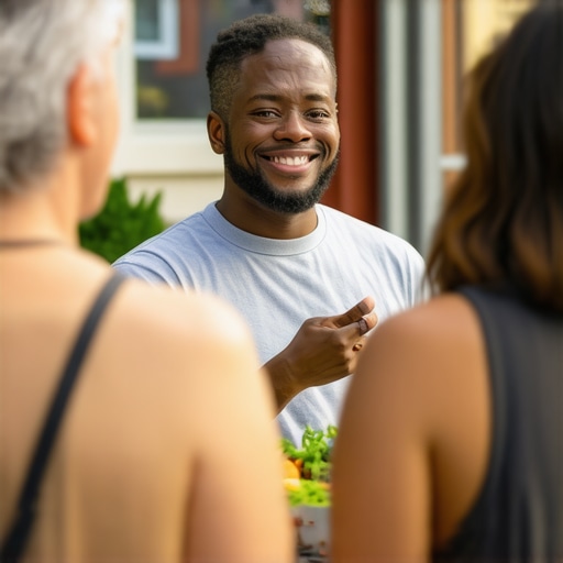 Business owner interacting with neighborhood residents at a community event