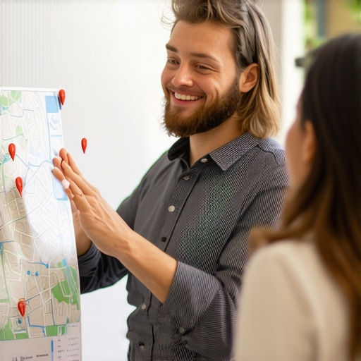 Business owner at community event with neighborhood map