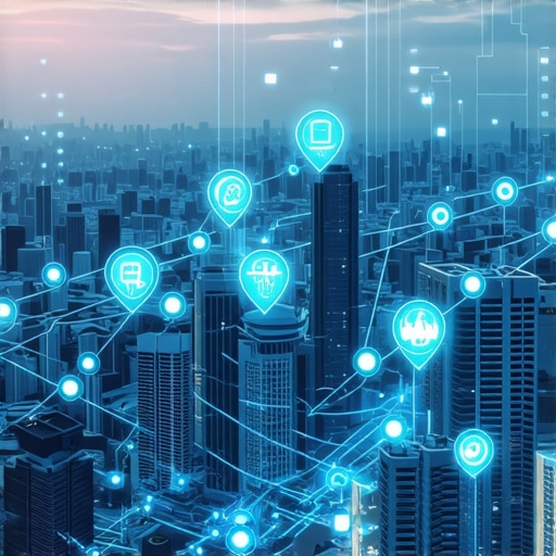 Futuristic Cityscape with Digital Maps and Data Analytics Futuristic city with digital maps and analytics overlays illustrating advanced local SEO technology.