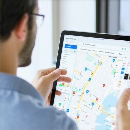 Business owner reviewing geospatial analytics on a tablet for local SEO optimization