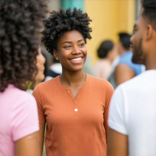 Influencer collaborating with local business during community event in vibrant neighborhood