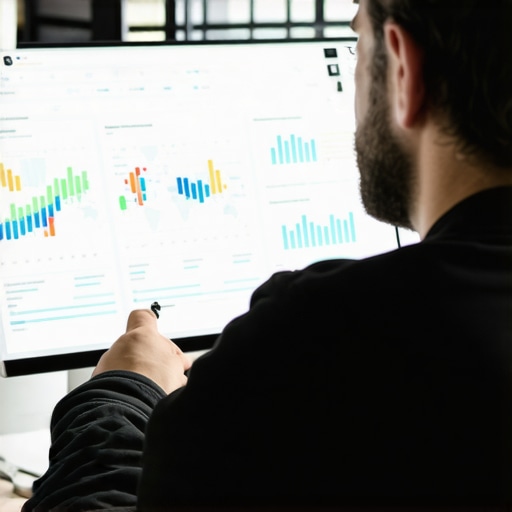 Business owner reviewing local SEO analytics on a computer with maps and charts