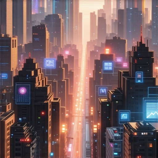 Futuristic city with devices and data streams representing advanced local SEO tech