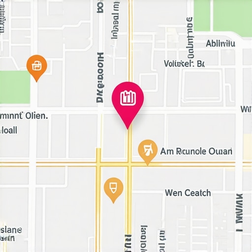 Futuristic map with AR overlays highlighting local businesses and community spaces.