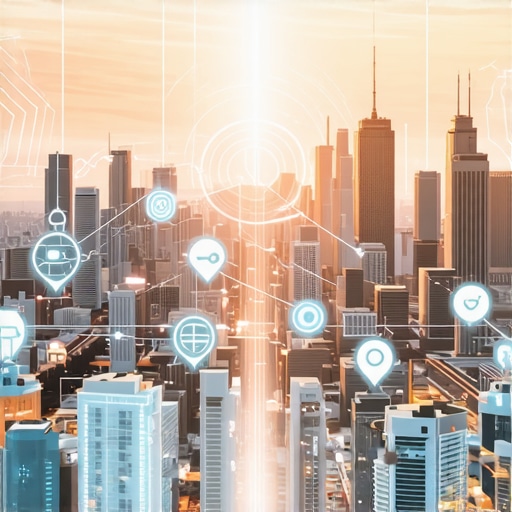 Futuristic city with digital maps and AI symbols representing advanced local SEO