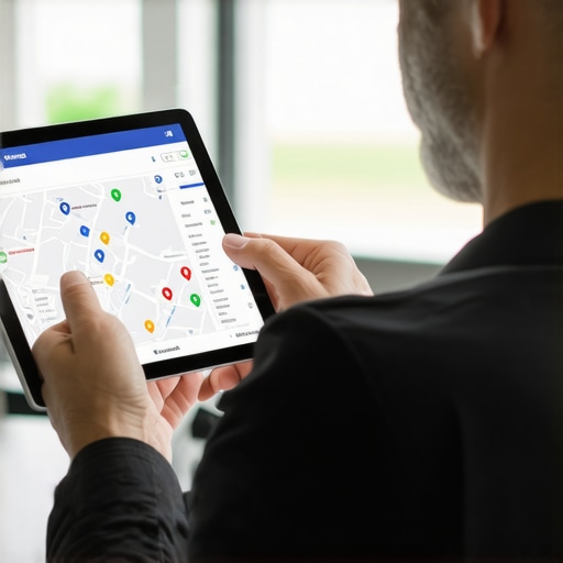 Business owner analyzing local data on a tablet with digital map