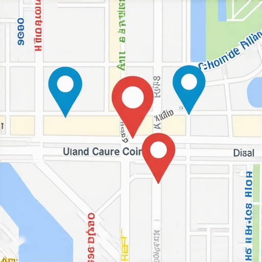 Map with business pins and engagement icons representing local SEO activity