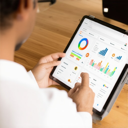 Local SEO Data Analysis Business owner reviewing local SEO performance metrics on a tablet.