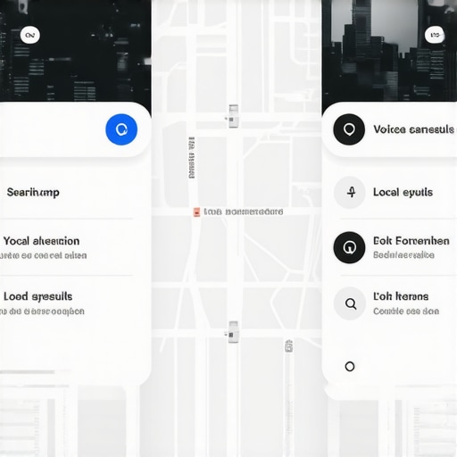Futuristic digital map displaying voice and visual search features for local businesses.