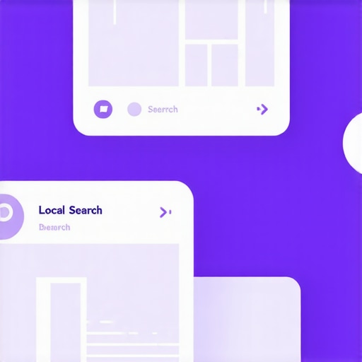 Futuristic digital map displaying voice and visual search features for local businesses.