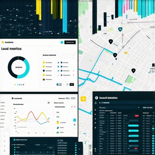 Futuristic digital dashboard showing local search analytics and city map