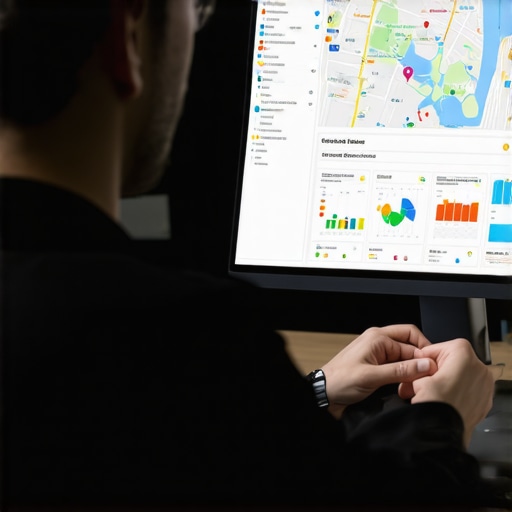 Illustration of a business owner reviewing local SEO analytics on a screen with maps and graphs.