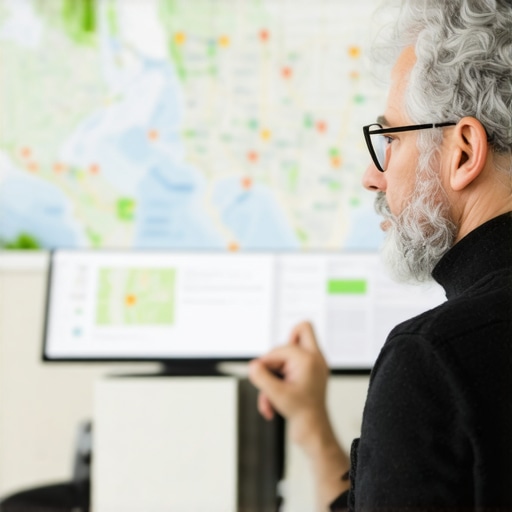 Business owner using digital tools to analyze local map rankings.