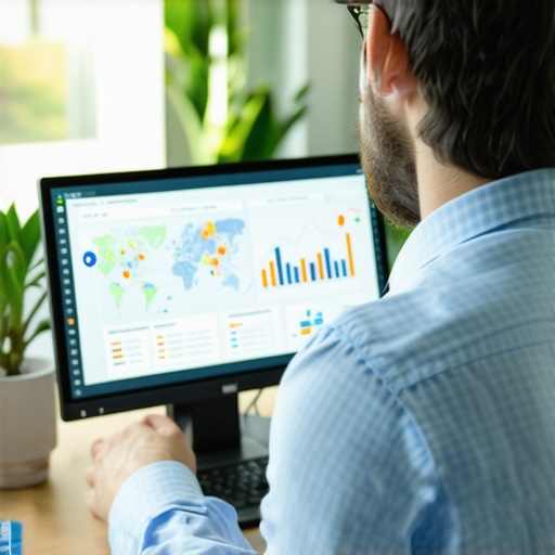 Business owner reviewing local SEO analytics on computer showing maps and charts.