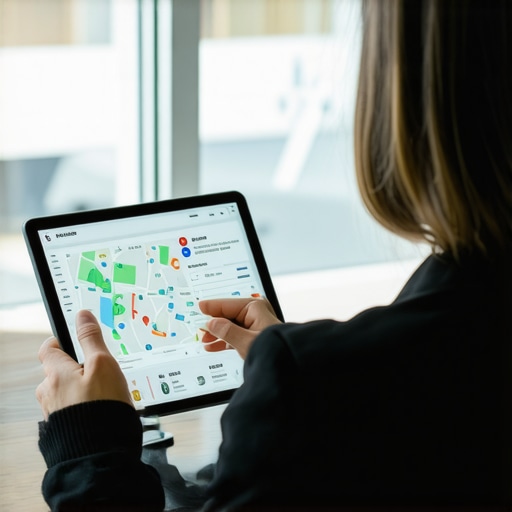 Analyzing Local SEO Data for Enhanced Map Rankings Business owner reviewing local SEO metrics on a tablet with maps and graphs.