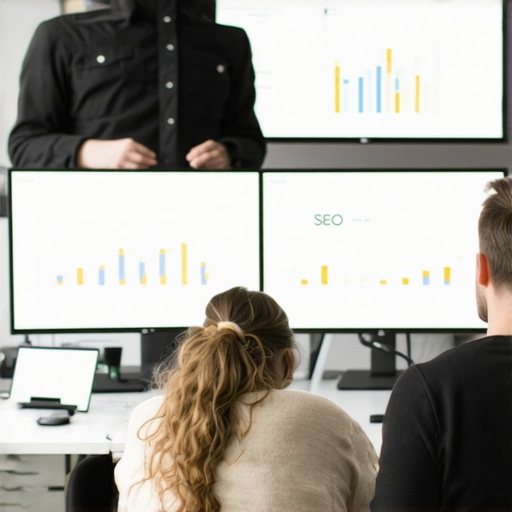 Data-Driven Local SEO Analysis SEO experts analyzing local search metrics on digital screens