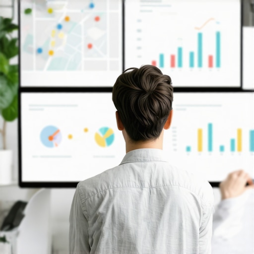 A person reviewing analytics on multiple screens showing maps and SEO performance charts.