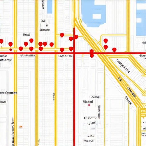 Illustration of city map with analytics overlays showing local business positions