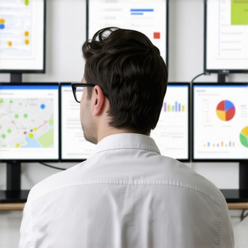 SEO analyst examining local maps and analytics on multiple screens.
