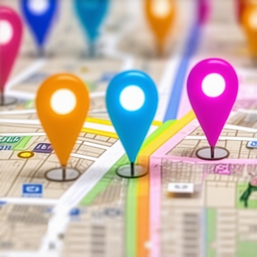 Illustration of a digital map with highlighted business spots and analytics overlays