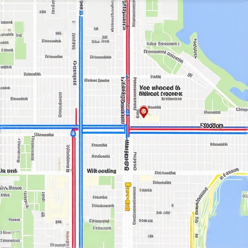 Neighborhood Geospatial Data Visualization Map showing neighborhood analytics and transit routes for local SEO optimization.