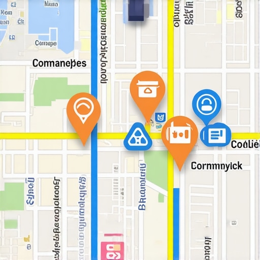 A futuristic digital map with AR overlays highlighting local businesses and user interactions for SEO