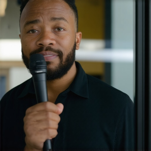 Business owner utilizing voice assistant outside store for local queries.