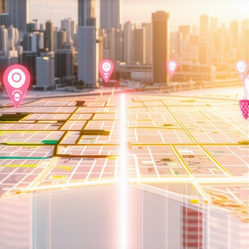 Futuristic city map displaying data streams and business locations for local SEO enhancement.
