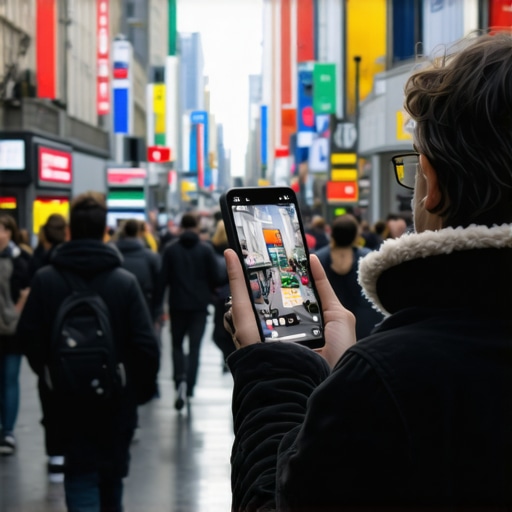 Person using augmented reality on smartphone to explore local business