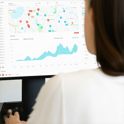 Business analytics dashboard with maps and charts showing local SEO performance