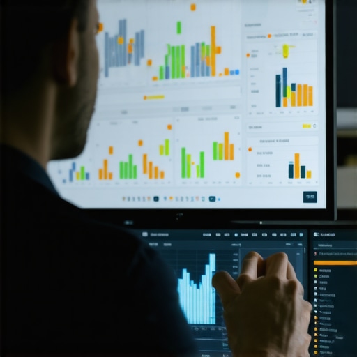 Business owner reviewing local SEO performance metrics on a high-tech digital dashboard.