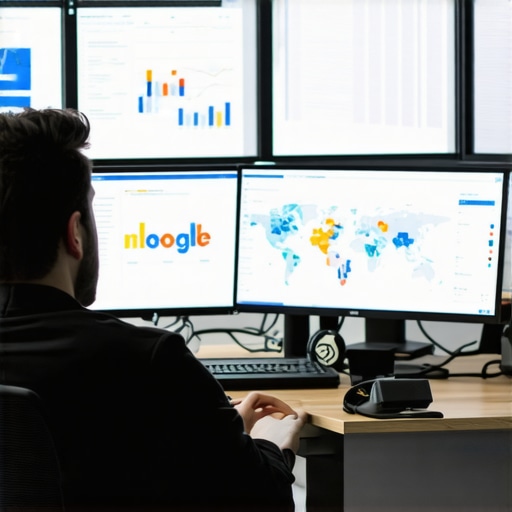 SEO analyst reviewing local search analytics with graphs and maps.