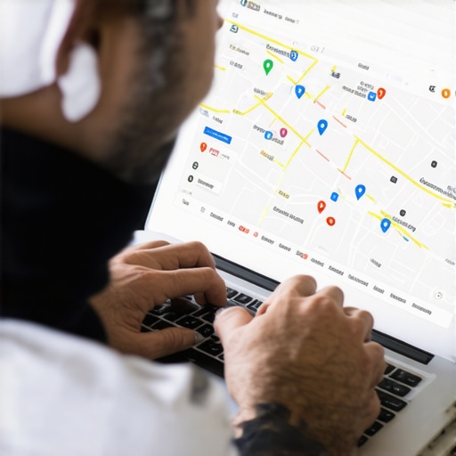 Business owner working on local SEO tactics on a laptop showing Google Maps and profile management.