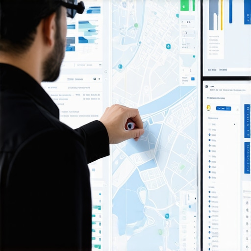 Technician reviewing map analytics on digital screen for local SEO optimization.