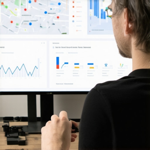 Business owner reviewing local SEO analytics with maps and graphs.