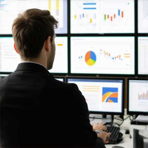 Expert analyzing local SEO data with charts and graphs on computer screens.