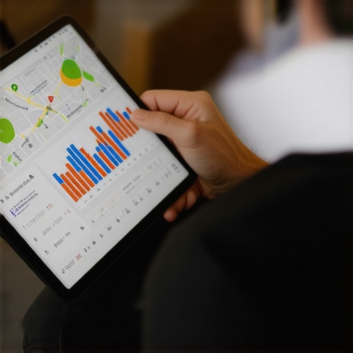 Business owner reviewing local SEO analytics and maps on a tablet.