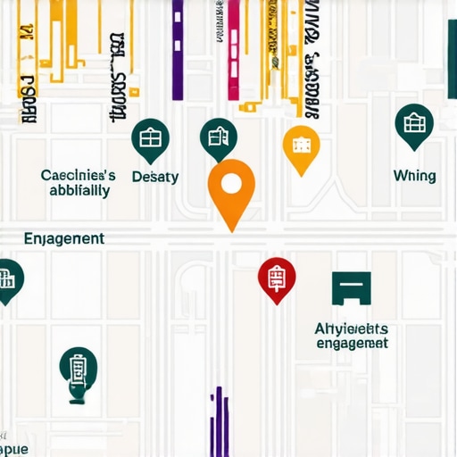 Hyperlocal Engagement in Urban Settings City map highlighting local businesses with digital icons representing online engagement.