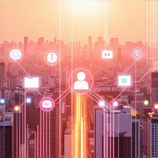 City scene showing IoT devices, environmental monitoring visuals, and social media tags.