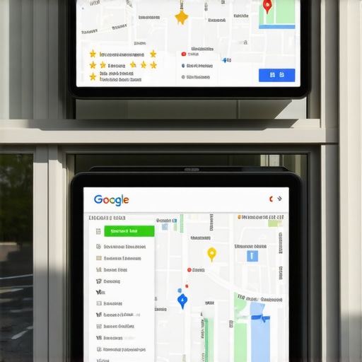 Close-up of a storefront with digital map interface displaying reviews and location