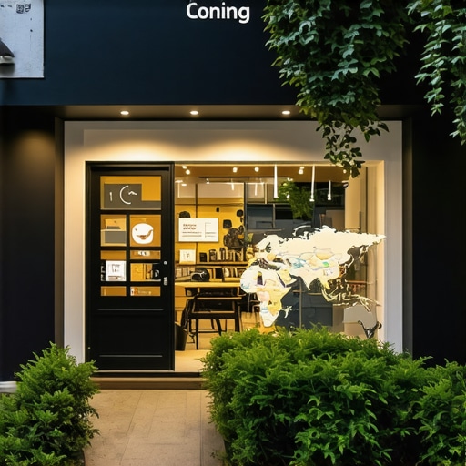 A vibrant local storefront with digital map interface and SEO icons representing online visibility.
