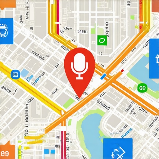 City map with augmented reality data and voice search symbols representing innovative local SEO methods.