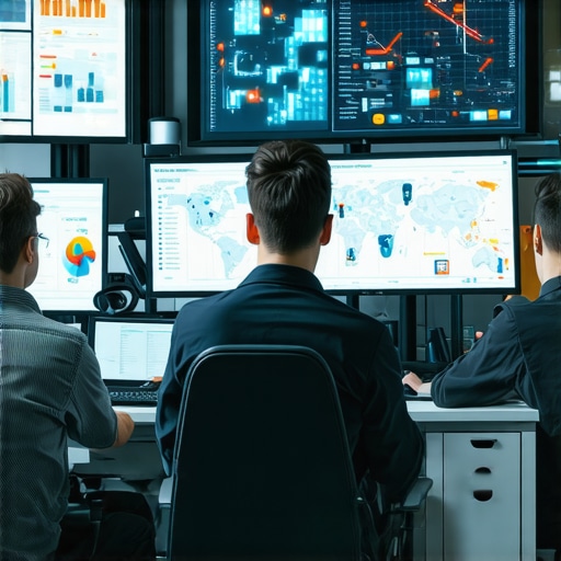 AI and Data Analytics for Local SEO Data analysts working on advanced machine learning models with maps and graphs in a high-tech office environment.