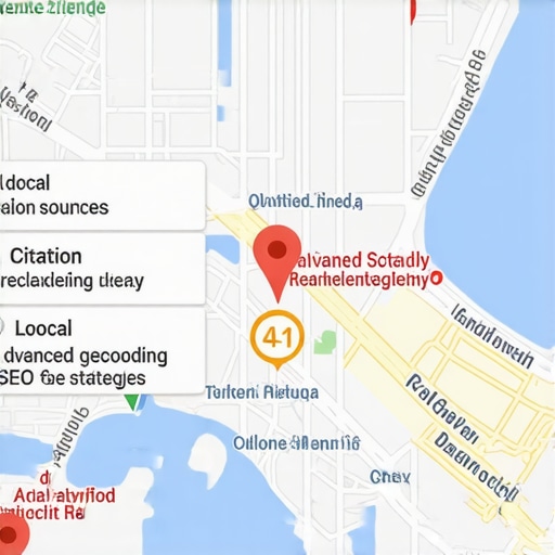 Map with location pins, citation symbols, and geospatial overlays illustrating sophisticated SEO strategies.