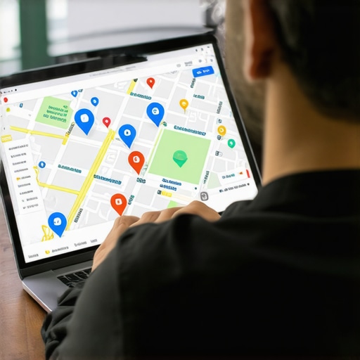 Business owner reviewing Google Maps location pins and analytics on laptop.