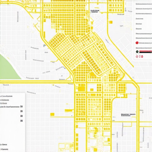 Digital map with highlighted neighborhoods, clustering zones, and data analytics interfaces